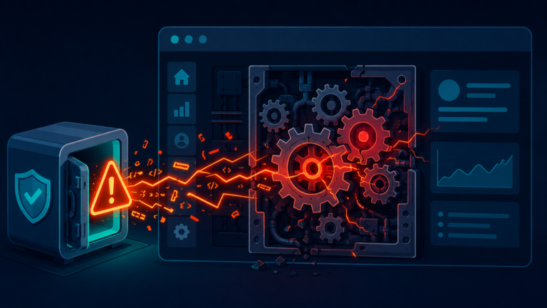 Warning alert triggers damaged gears, showing remote code execution deserialization impact on apps.