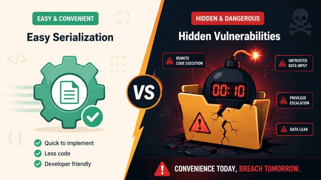 Comparison graphic contrasting convenience with risks, highlighting safe object serialization practices coding for developers