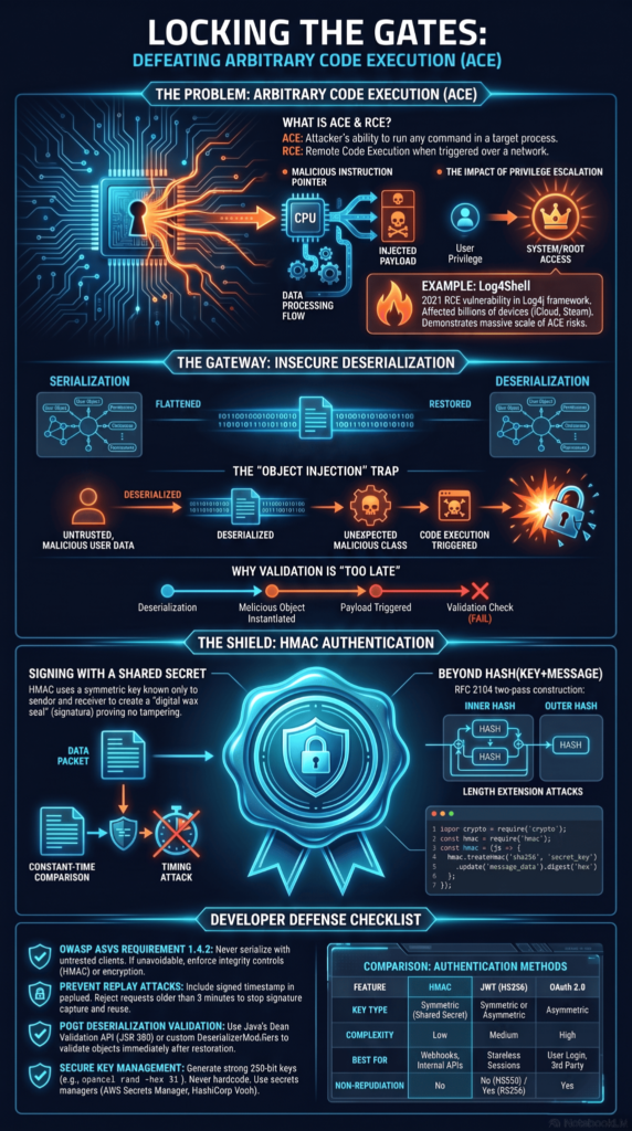 Cybersecurity infographic explaining safe object serialization practices coding to prevent arbitrary code execution risks