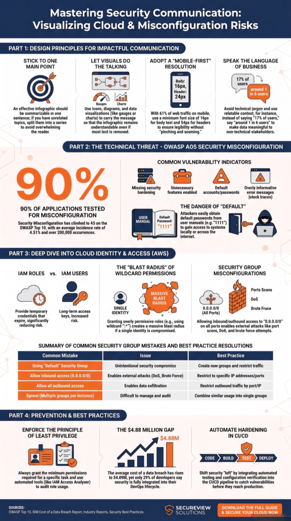 Infographic covering Common Security Misconfigurations in cloud environments including OWASP A05, IAM roles, wildcard permissions, and AWS security groups.