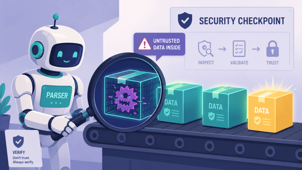 Robot parser inspecting boxes on conveyor belt, illustrating data format deserialization risks json security checks