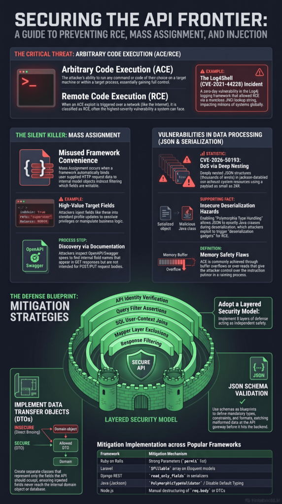 Infographic detailing API defenses against data format deserialization risks json exploits like RCE and mass assignment