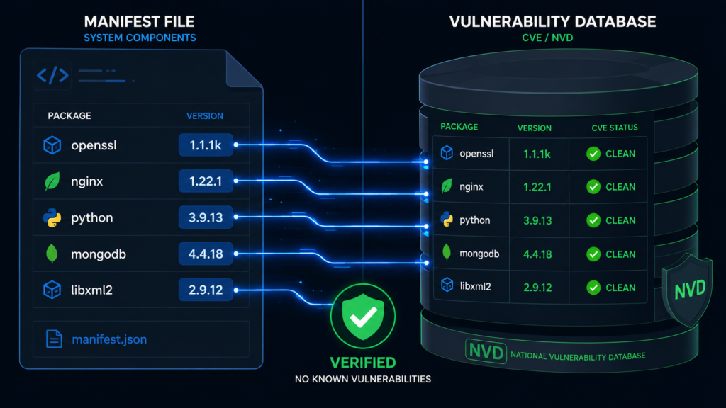 Illustration of how SCA tools work process by matching manifest packages against a vulnerability database