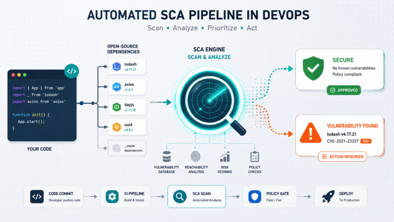 Diagram showing how SCA tools work process to scan, analyze and flag risky open-source dependencies