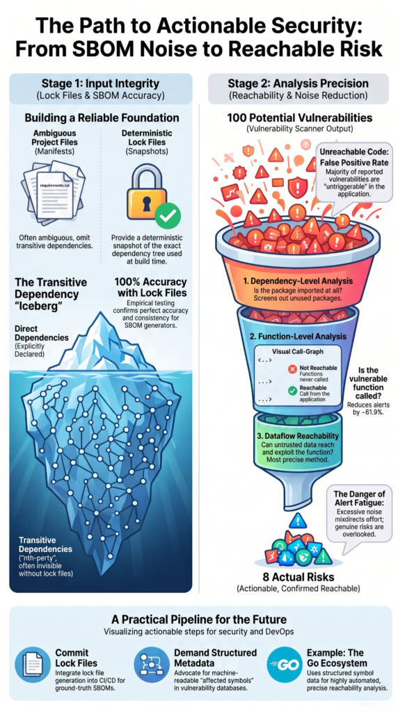 Infographic explaining how SCA tools work process from lock file accuracy to reachability-based risk filtering