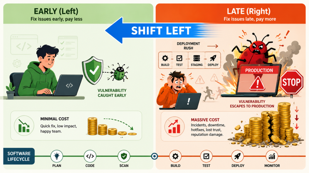 Comparison highlighting benefits using SCA development lifecycle by catching vulnerabilities early over late fixes