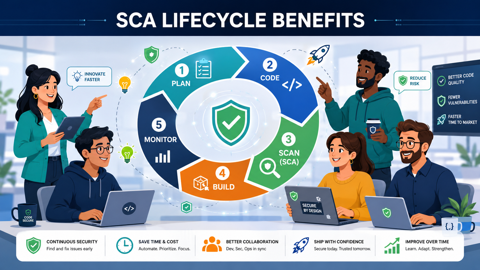 Team illustration of benefits using SCA development lifecycle across plan, code, scan, build and monitor stages
