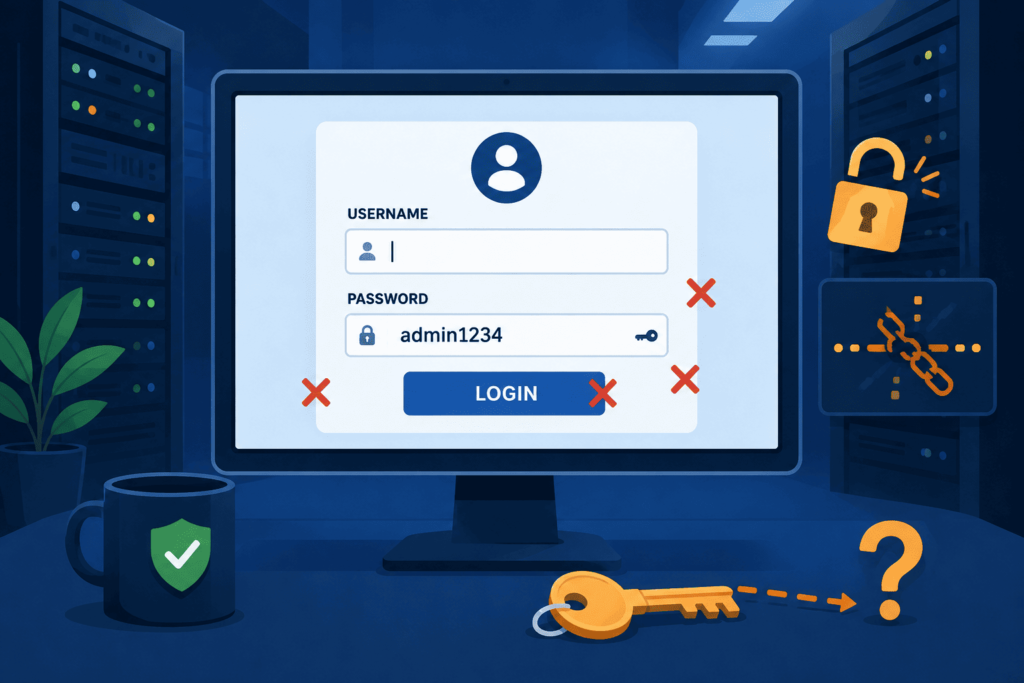 Visual of examples security misconfiguration web server risk with a weak default password on a login screen and broken lock indicators.