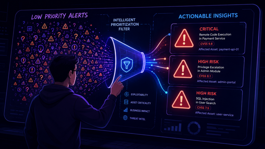 Illustration showing benefits using SCA development lifecycle to filter noisy alerts into actionable risk insights