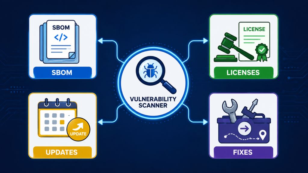 Scanner icon linking SBOM, licenses, updates, and fixes for managing vulnerable third party libraries.