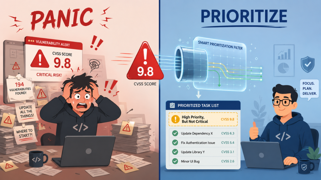 Developer stress contrasted with a calm, structured approach to managing vulnerable third party libraries.