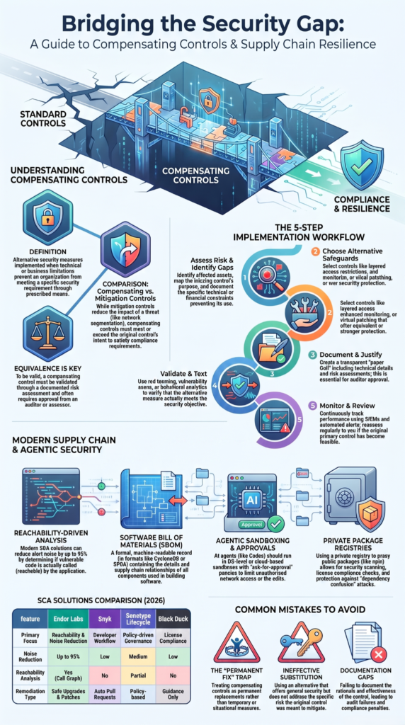 Bridge graphic illustrating compensating controls for managing vulnerable third party libraries in supply chains.