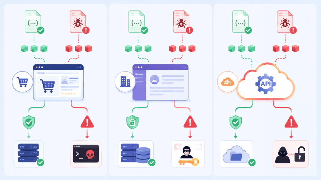 Three panels compare safe and vulnerable code, illustrating what insecure deserialization vulnerability means across apps.