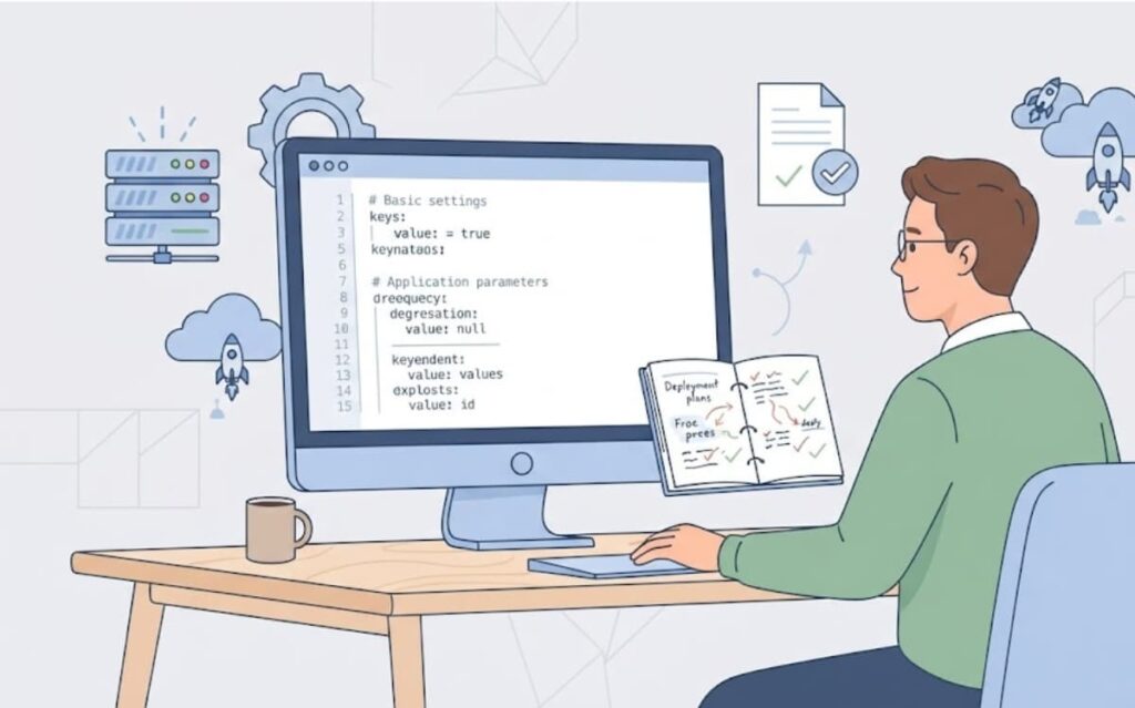 Programmer reviewing configuration code and notes while implementing alternative data formats serialization strategies.