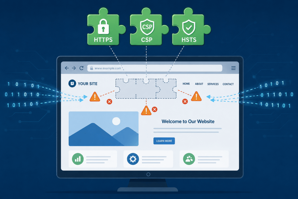 Diagram showing examples security misconfiguration web server gaps where HTTPS, CSP, and HSTS puzzle pieces are absent from a live site.
