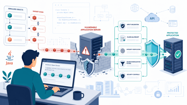Diagram showing insecure deserialization attack examples java with gadget chains bypassing server defenses