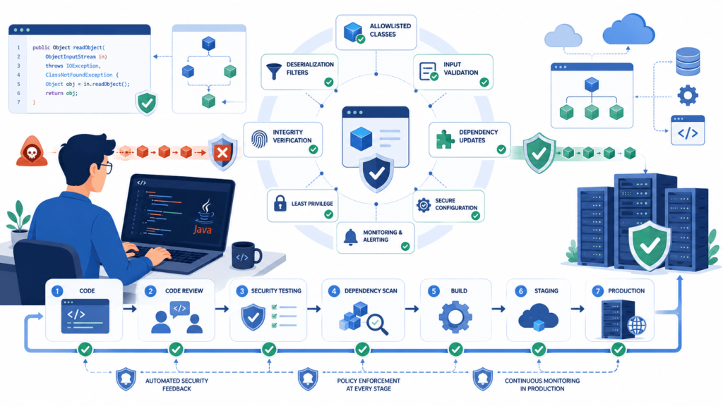  Secure coding workflow preventing insecure deserialization attack examples java across the pipeline
