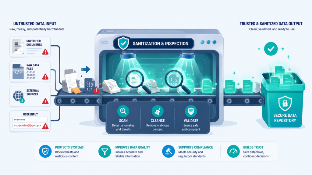 Conveyor belt scanning documents, representing Input Validation & Sanitization to produce clean, trusted data.