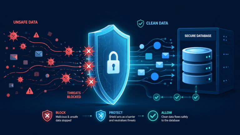 Digital shield blocking malicious data, symbolizing Input Validation & Sanitization before reaching a secure database.