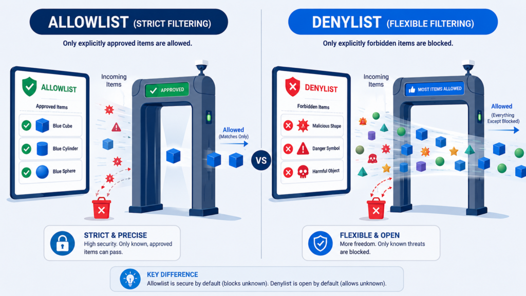 Security gates filtering shapes, illustrating Input Validation & Sanitization through allowlist and denylist methods