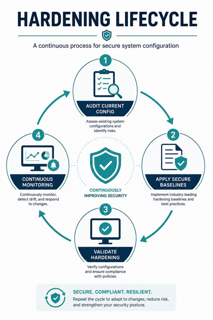 Infographic illustrating the continuous hardening lifecycle for secure system configuration.