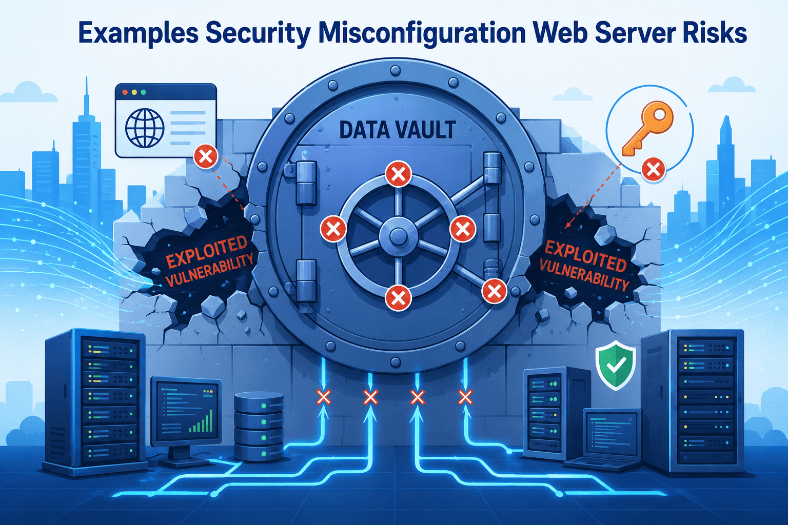 Illustration of examples security misconfiguration web server risks showing exploited vulnerabilities breaching a data vault wall.
