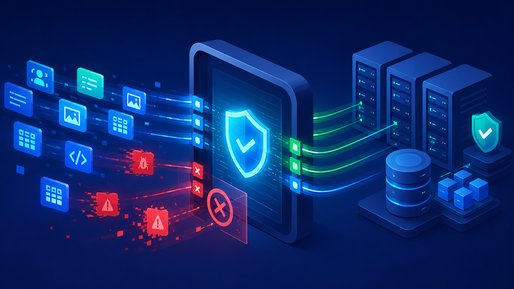Shield filtering safe data toward servers, illustrating the Importance of Server-Side Validation for secure systems.