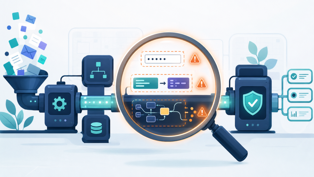 Magnifying glass inspecting flagged data fields, highlighting the Importance of Server-Side Validation in system checks.