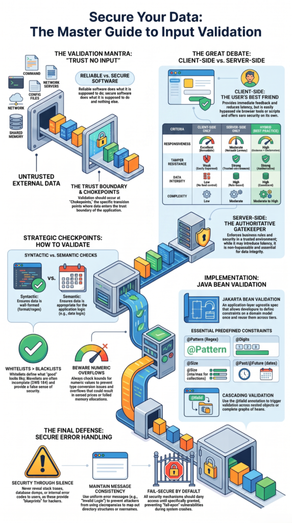 Infographic on data validation methods, emphasizing the Importance of Server-Side Validation as gatekeeper.