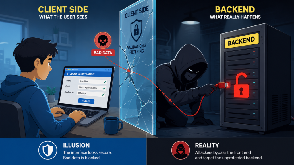 Hacker bypassing client-side checks, showing why server side validation crucial for protecting backend systems.