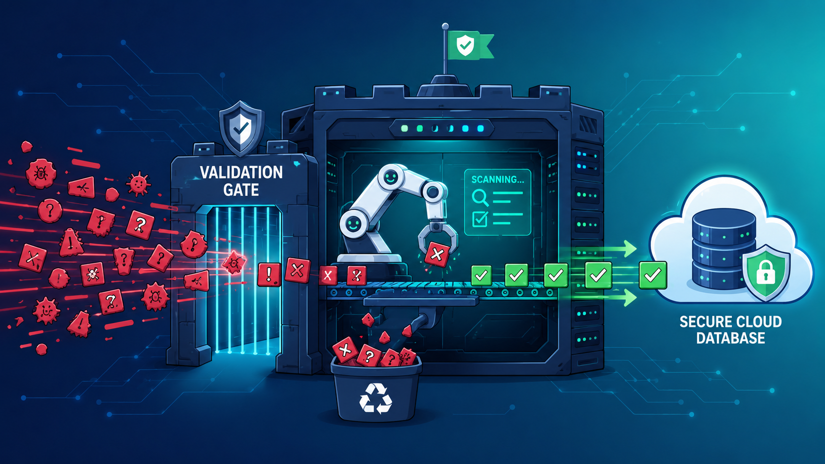 Validation gate filtering threats before a database, illustrating why server side validation crucial for data safety.