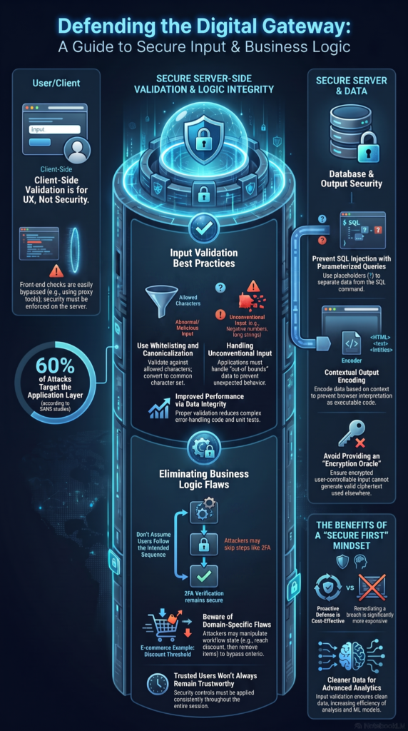 Infographic on secure input and logic, explaining why server side validation crucial against attacks and flaws.