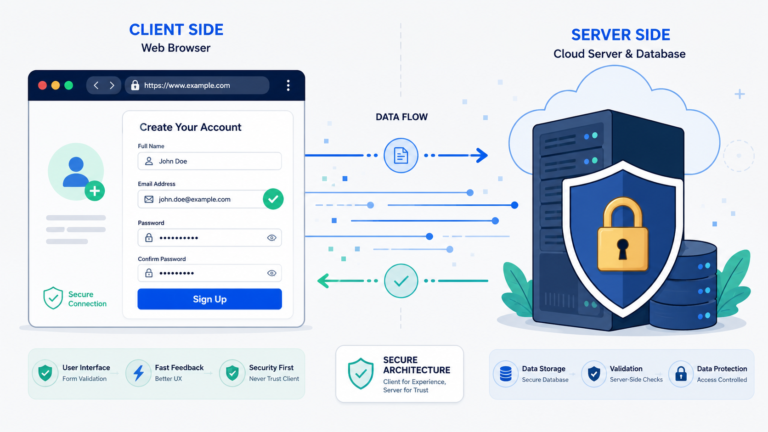 Client side vs server side validation depicted as data flowing from a browser form to a secured cloud database.