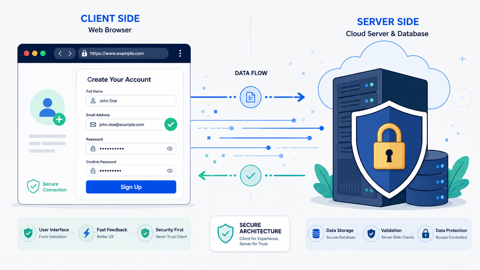 Client side vs server side validation depicted as data flowing from a browser form to a secured cloud database.