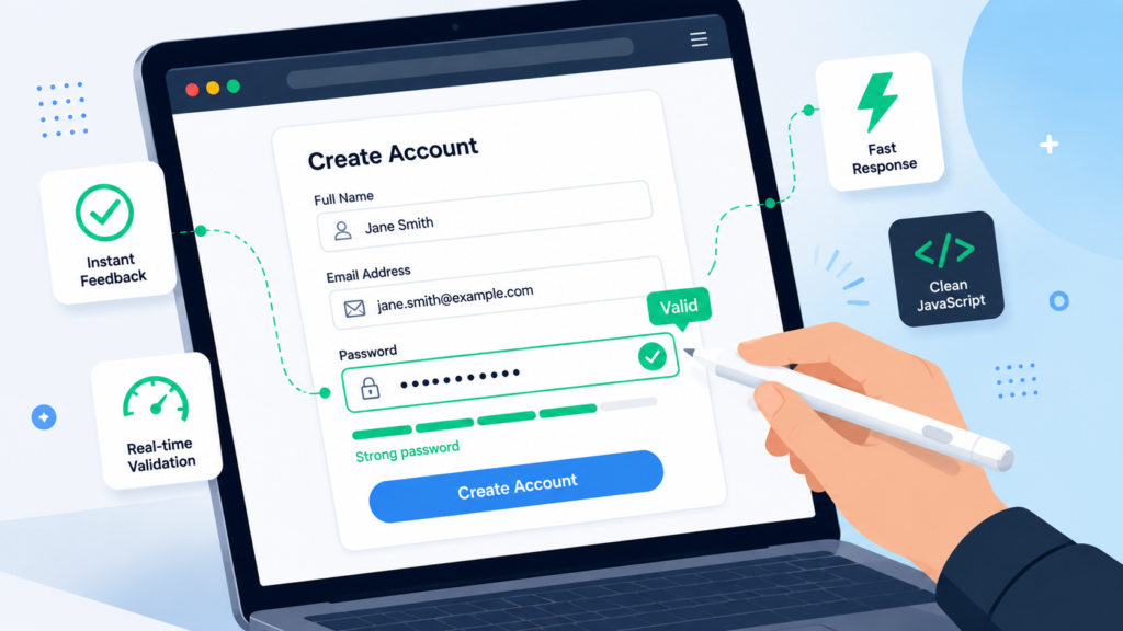 Client side vs server side validation demonstrated with a sign-up form giving instant password strength feedback.