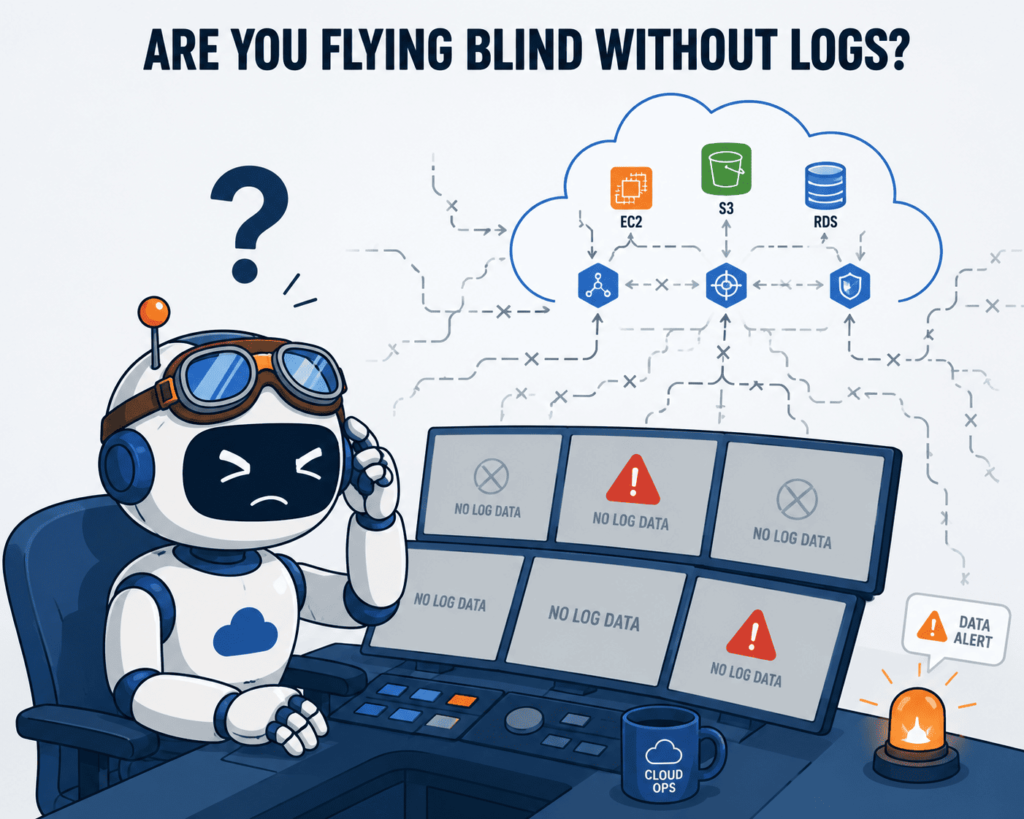 Cloud ops robot facing cloud security misconfiguration risks AWS monitoring gaps create when EC2, S3, and RDS generate no log data.
