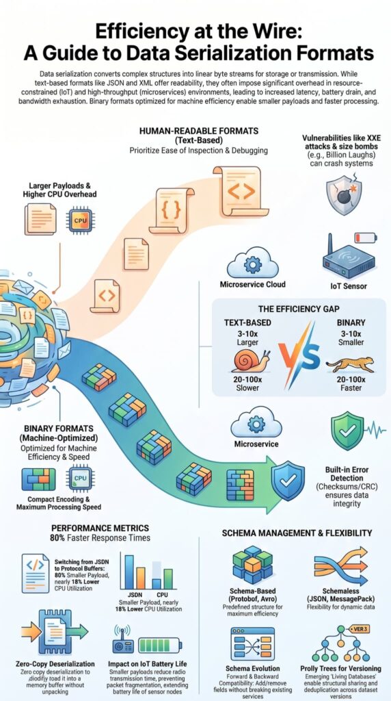 Infographic explaining alternative data formats serialization with text based and binary format performance comparisons.