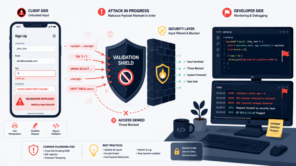 Client side vs server side validation shown blocking malicious script and injection attempts before reaching the server.
