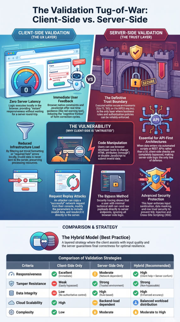 Client side vs server side validation compared through UX speed versus a secure castle trust boundary illustration.