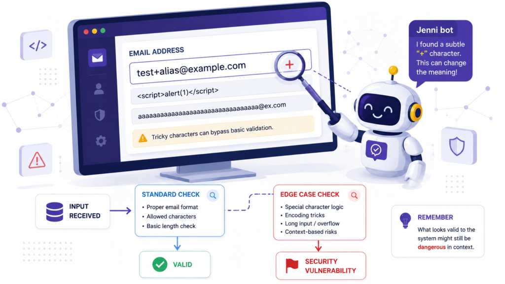 Bypassing client side validation easily is illustrated as Jenni bot flags edge-case email inputs slipping past checks.