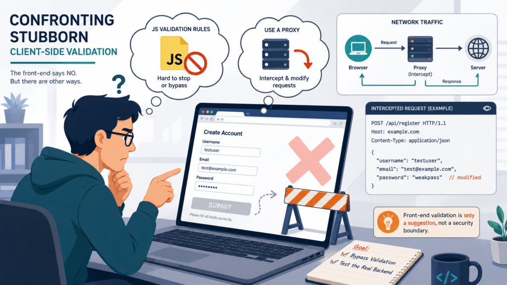 A developer explores bypassing client side validation easily using proxy tools to intercept and modify requests.