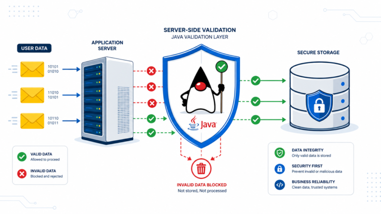 Implementing server side validation java as a shield filtering valid data from invalid before secure storage.