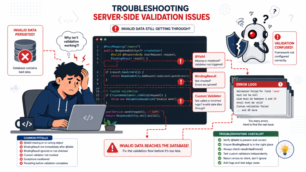 A developer troubleshoots implementing server side validation java after invalid data slips into the database.