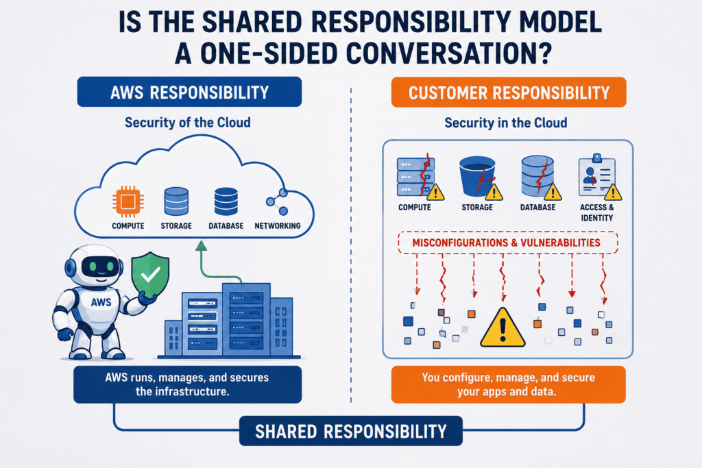 Diagram comparing AWS and customer duties in addressing cloud security misconfiguration risks AWS environments face across compute and storage.