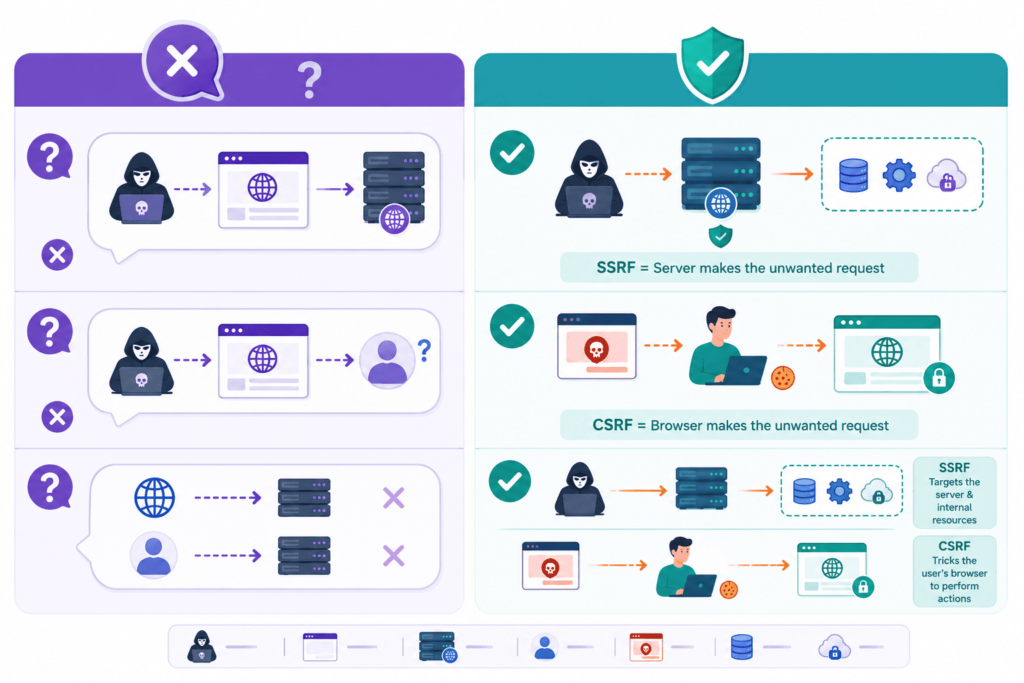 Comparison chart with difference ssrf csrf explained clearly, contrasting server requests and browser-based exploits. 