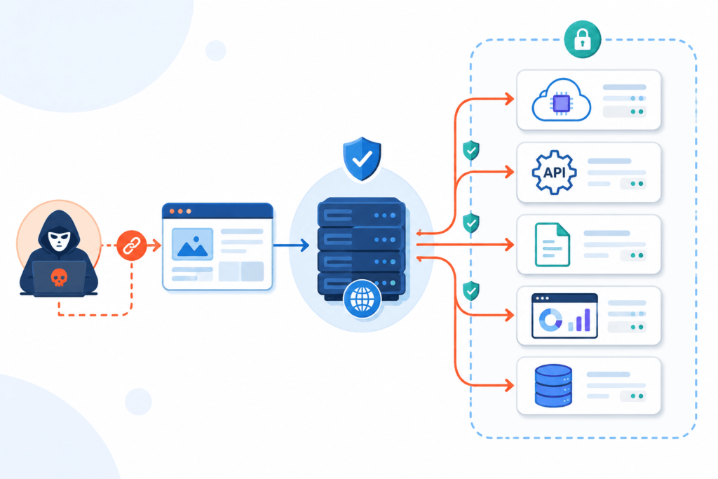 Visual guide with difference ssrf csrf explained clearly, showing a hacker exploiting server access to internal systems. 