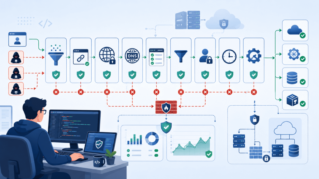 Security workflow depicting ssrf filter bypass techniques awareness across multi-stage filtering before reaching cloud resources.