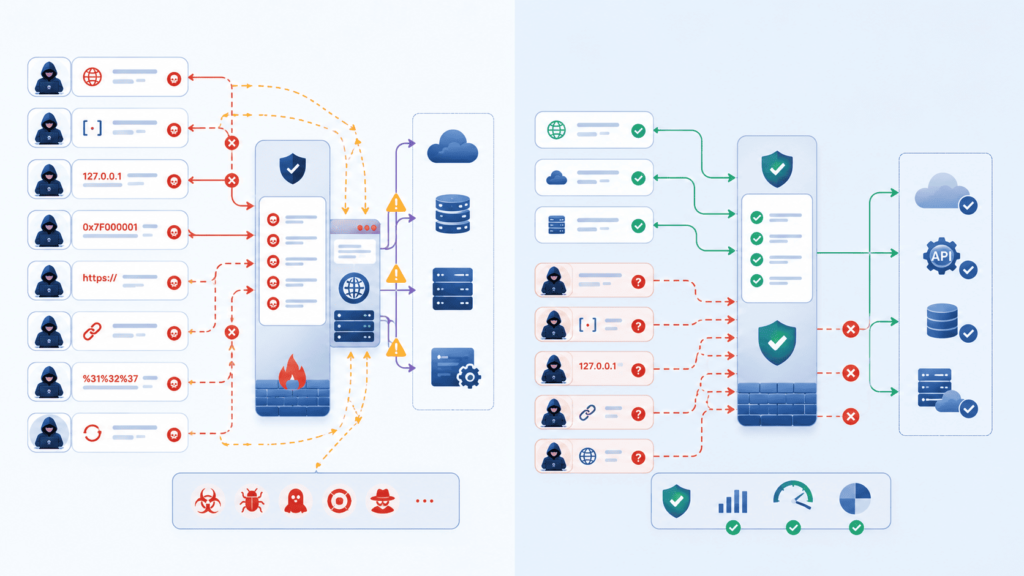 Side-by-side comparison highlighting ssrf filter bypass techniques awareness for blocked versus validated network requests.