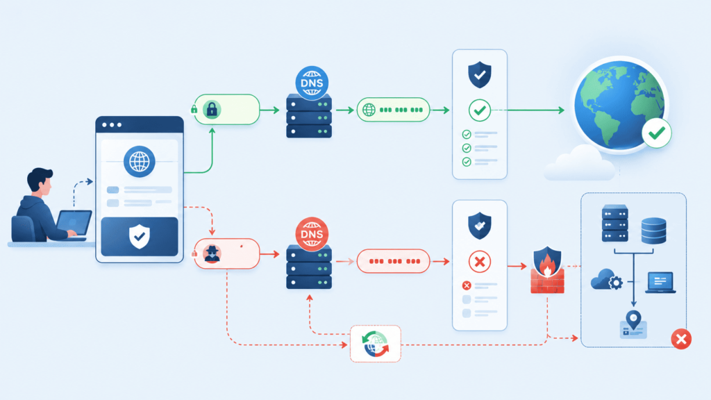 Flowchart illustrating ssrf filter bypass techniques awareness through safe vs malicious request validation via DNS and firewall.