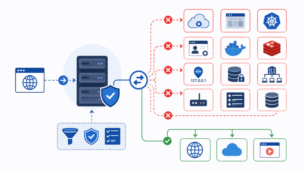 Illustration of OWASP SSRF prevention measures blocking access to internal cloud, database, and network resources.